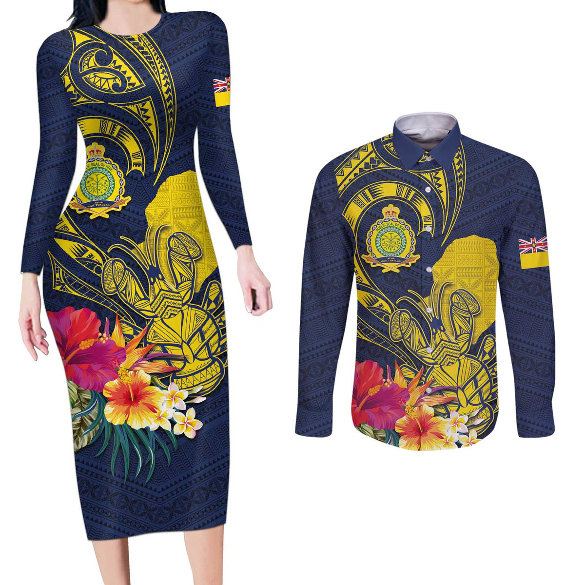Niue Independence Day Couples Matching Long Sleeve Bodycon Dress and Long Sleeve Button Shirt Hiapo Pattern Hibiscus Plumeria and Uga LT03 Yellow - Polynesian Pride