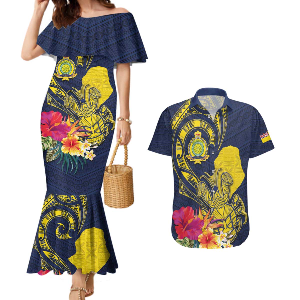 Niue Independence Day Couples Matching Mermaid Dress and Hawaiian Shirt Hiapo Pattern Hibiscus Plumeria and Uga LT03 Yellow - Polynesian Pride