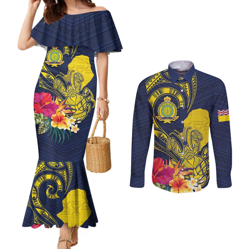 Niue Independence Day Couples Matching Mermaid Dress and Long Sleeve Button Shirt Hiapo Pattern Hibiscus Plumeria and Uga LT03 Yellow - Polynesian Pride