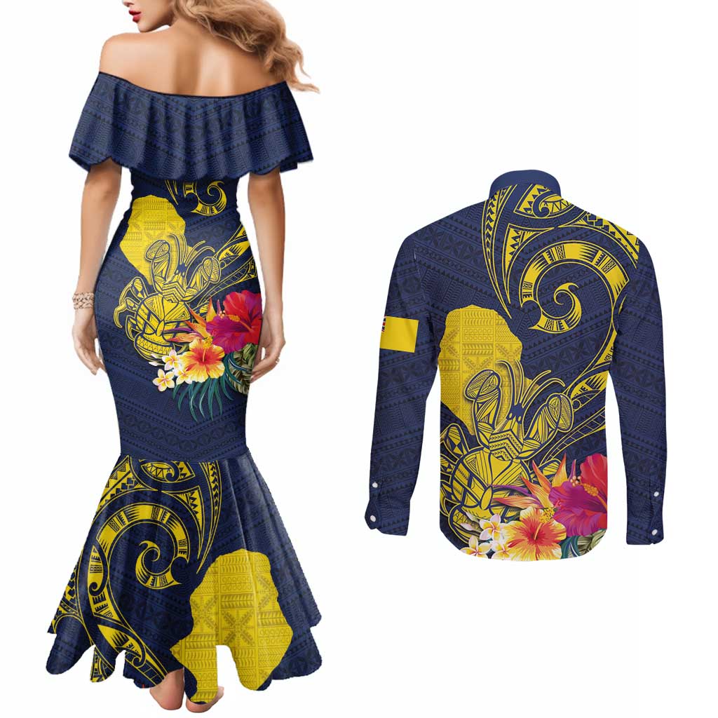 Niue Independence Day Couples Matching Mermaid Dress and Long Sleeve Button Shirt Hiapo Pattern Hibiscus Plumeria and Uga LT03 - Polynesian Pride