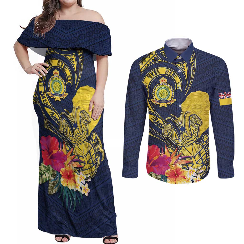 Niue Independence Day Couples Matching Off Shoulder Maxi Dress and Long Sleeve Button Shirt Hiapo Pattern Hibiscus Plumeria and Uga LT03 Yellow - Polynesian Pride
