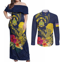 Niue Independence Day Couples Matching Off Shoulder Maxi Dress and Long Sleeve Button Shirt Hiapo Pattern Hibiscus Plumeria and Uga LT03 Yellow - Polynesian Pride