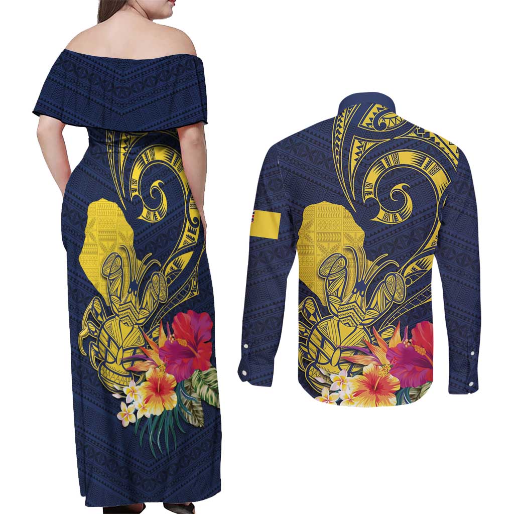 Niue Independence Day Couples Matching Off Shoulder Maxi Dress and Long Sleeve Button Shirt Hiapo Pattern Hibiscus Plumeria and Uga LT03 - Polynesian Pride