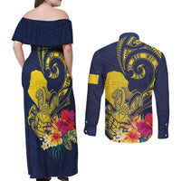 Niue Independence Day Couples Matching Off Shoulder Maxi Dress and Long Sleeve Button Shirt Hiapo Pattern Hibiscus Plumeria and Uga LT03 - Polynesian Pride
