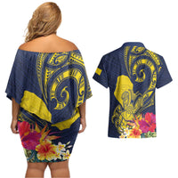 Niue Independence Day Couples Matching Off Shoulder Short Dress and Hawaiian Shirt Hiapo Pattern Hibiscus Plumeria and Uga LT03 - Polynesian Pride