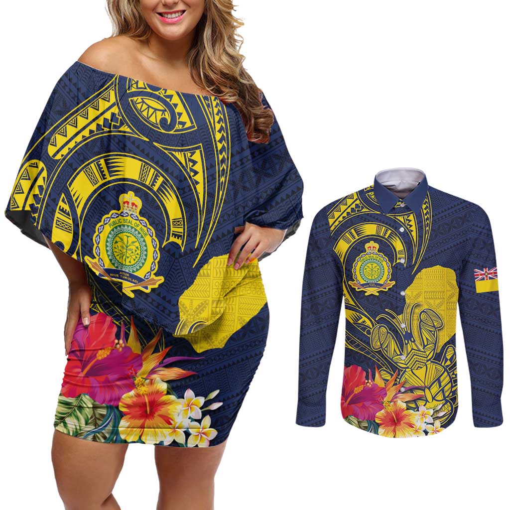 Niue Independence Day Couples Matching Off Shoulder Short Dress and Long Sleeve Button Shirt Hiapo Pattern Hibiscus Plumeria and Uga LT03 Yellow - Polynesian Pride