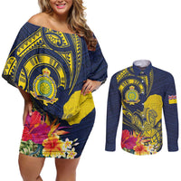 Niue Independence Day Couples Matching Off Shoulder Short Dress and Long Sleeve Button Shirt Hiapo Pattern Hibiscus Plumeria and Uga LT03 Yellow - Polynesian Pride