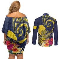 Niue Independence Day Couples Matching Off Shoulder Short Dress and Long Sleeve Button Shirt Hiapo Pattern Hibiscus Plumeria and Uga LT03 - Polynesian Pride