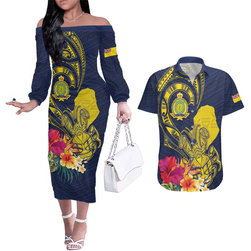 Niue Independence Day Couples Matching Off The Shoulder Long Sleeve Dress and Hawaiian Shirt Hiapo Pattern Hibiscus Plumeria and Uga LT03 Yellow - Polynesian Pride