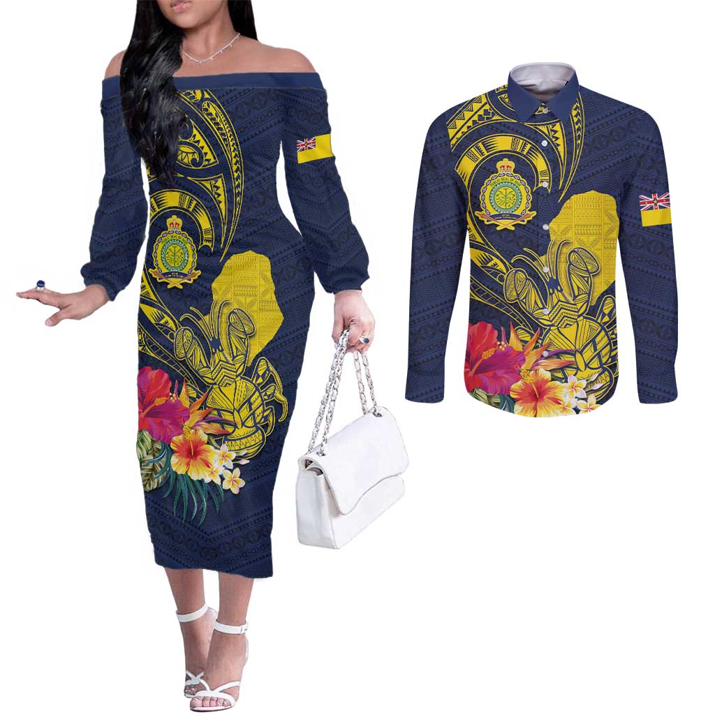 Niue Independence Day Couples Matching Off The Shoulder Long Sleeve Dress and Long Sleeve Button Shirt Hiapo Pattern Hibiscus Plumeria and Uga LT03 Yellow - Polynesian Pride