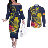Niue Independence Day Couples Matching Off The Shoulder Long Sleeve Dress and Long Sleeve Button Shirt Hiapo Pattern Hibiscus Plumeria and Uga LT03 Yellow - Polynesian Pride