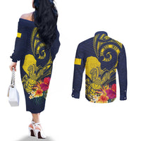 Niue Independence Day Couples Matching Off The Shoulder Long Sleeve Dress and Long Sleeve Button Shirt Hiapo Pattern Hibiscus Plumeria and Uga LT03 - Polynesian Pride