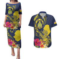 Niue Independence Day Couples Matching Puletasi and Hawaiian Shirt Hiapo Pattern Hibiscus Plumeria and Uga LT03 Yellow - Polynesian Pride