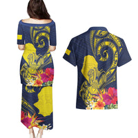 Niue Independence Day Couples Matching Puletasi and Hawaiian Shirt Hiapo Pattern Hibiscus Plumeria and Uga LT03 - Polynesian Pride