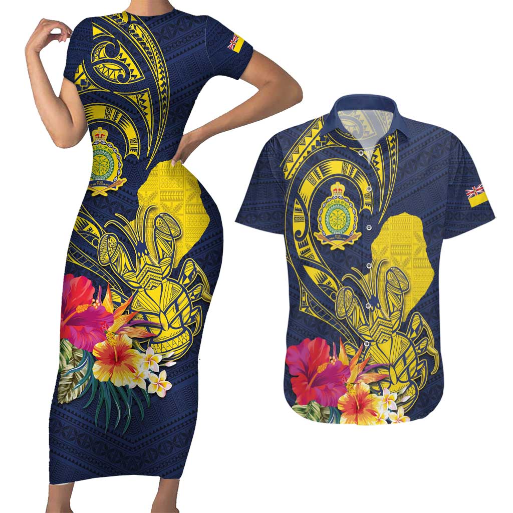 Niue Independence Day Couples Matching Short Sleeve Bodycon Dress and Hawaiian Shirt Hiapo Pattern Hibiscus Plumeria and Uga LT03 Yellow - Polynesian Pride
