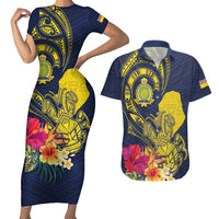 Niue Independence Day Couples Matching Short Sleeve Bodycon Dress and Hawaiian Shirt Hiapo Pattern Hibiscus Plumeria and Uga LT03 Yellow - Polynesian Pride