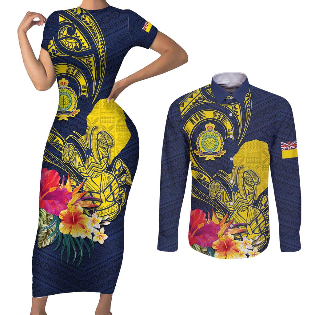 Niue Independence Day Couples Matching Short Sleeve Bodycon Dress and Long Sleeve Button Shirt Hiapo Pattern Hibiscus Plumeria and Uga LT03 Yellow - Polynesian Pride