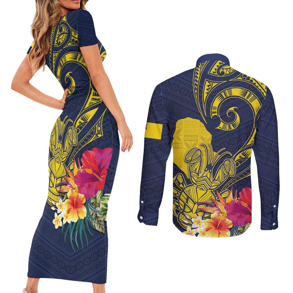 Niue Independence Day Couples Matching Short Sleeve Bodycon Dress and Long Sleeve Button Shirt Hiapo Pattern Hibiscus Plumeria and Uga LT03 - Polynesian Pride