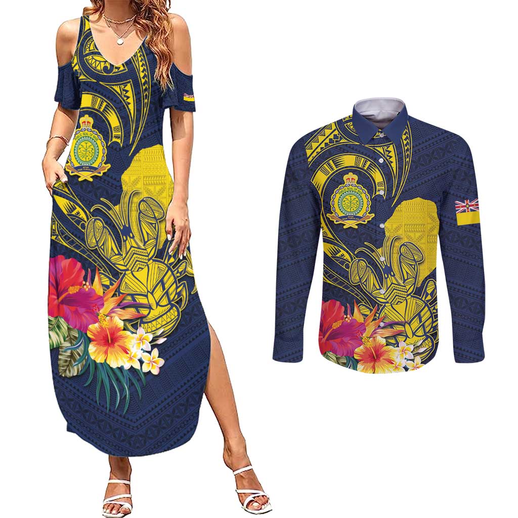 Niue Independence Day Couples Matching Summer Maxi Dress and Long Sleeve Button Shirt Hiapo Pattern Hibiscus Plumeria and Uga LT03 Yellow - Polynesian Pride