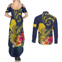 Niue Independence Day Couples Matching Summer Maxi Dress and Long Sleeve Button Shirt Hiapo Pattern Hibiscus Plumeria and Uga LT03 - Polynesian Pride