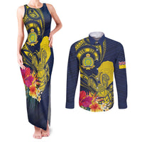 Niue Independence Day Couples Matching Tank Maxi Dress and Long Sleeve Button Shirt Hiapo Pattern Hibiscus Plumeria and Uga LT03 Yellow - Polynesian Pride