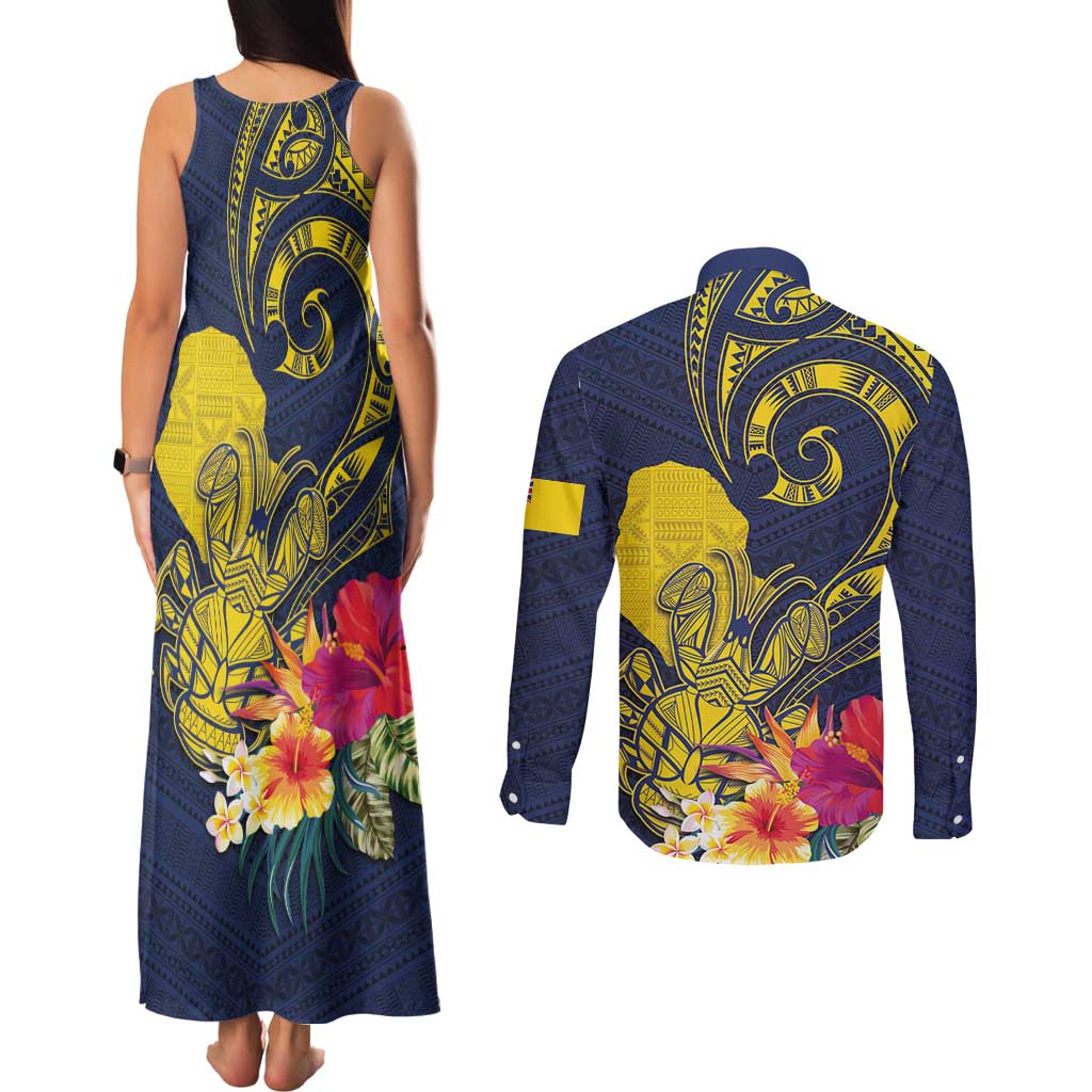Niue Independence Day Couples Matching Tank Maxi Dress and Long Sleeve Button Shirt Hiapo Pattern Hibiscus Plumeria and Uga LT03 - Polynesian Pride