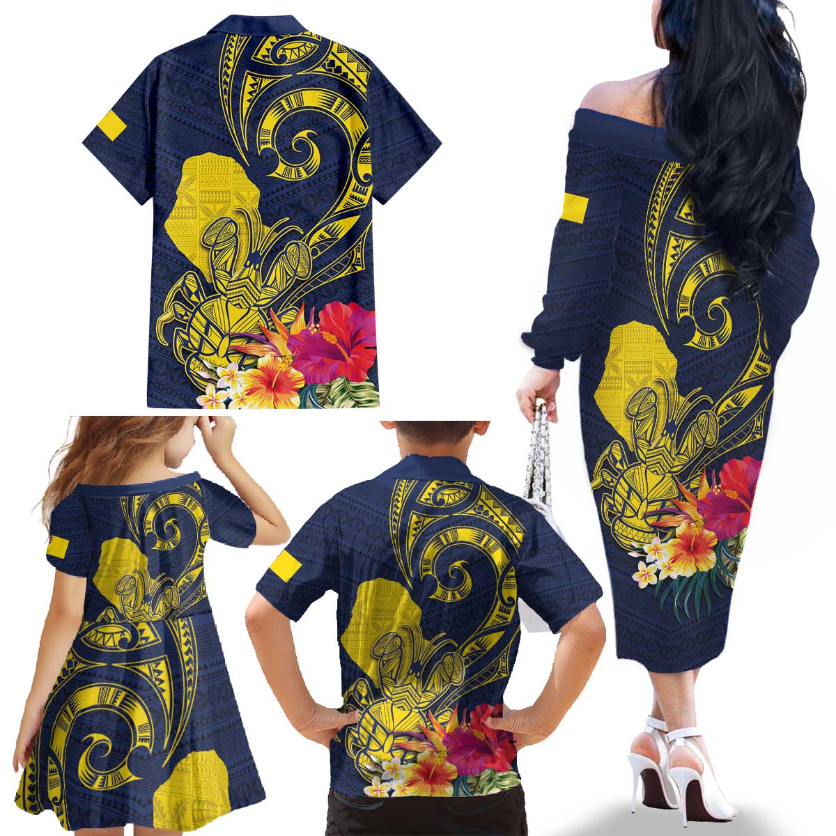 Niue Independence Day Family Matching Off The Shoulder Long Sleeve Dress and Hawaiian Shirt Hiapo Pattern Hibiscus Plumeria and Uga LT03 - Polynesian Pride
