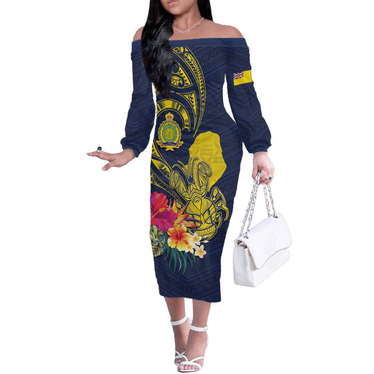 Niue Independence Day Family Matching Off The Shoulder Long Sleeve Dress and Hawaiian Shirt Hiapo Pattern Hibiscus Plumeria and Uga LT03 Mom's Dress Yellow - Polynesian Pride