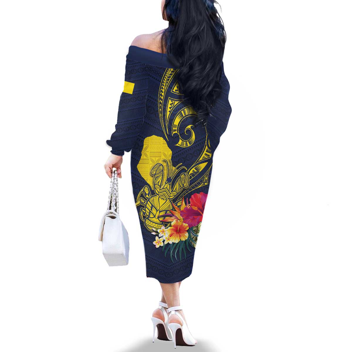 Niue Independence Day Family Matching Off The Shoulder Long Sleeve Dress and Hawaiian Shirt Hiapo Pattern Hibiscus Plumeria and Uga LT03 - Polynesian Pride