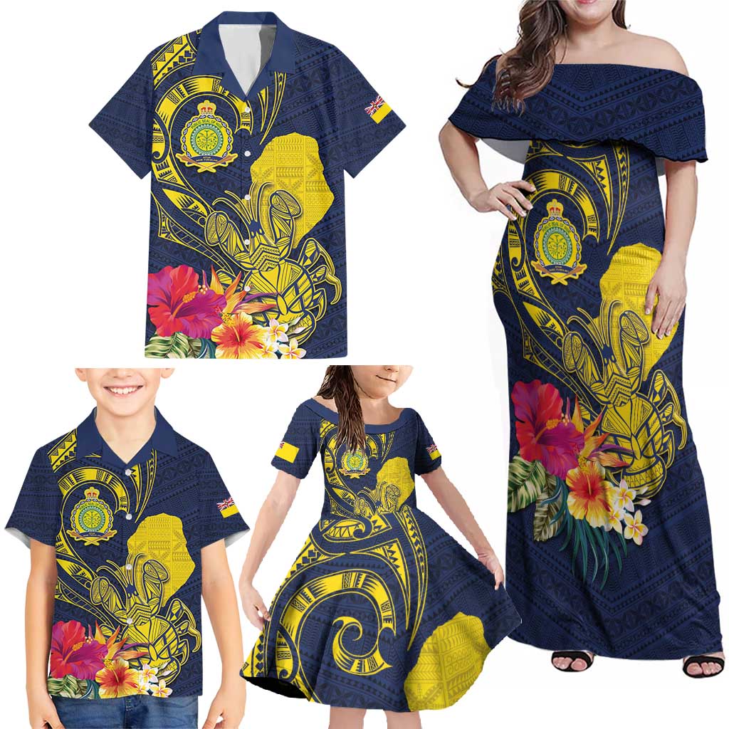 Niue Independence Day Family Matching Off Shoulder Maxi Dress and Hawaiian Shirt Hiapo Pattern Hibiscus Plumeria and Uga LT03 - Polynesian Pride