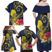 Niue Independence Day Family Matching Off Shoulder Maxi Dress and Hawaiian Shirt Hiapo Pattern Hibiscus Plumeria and Uga LT03 - Polynesian Pride