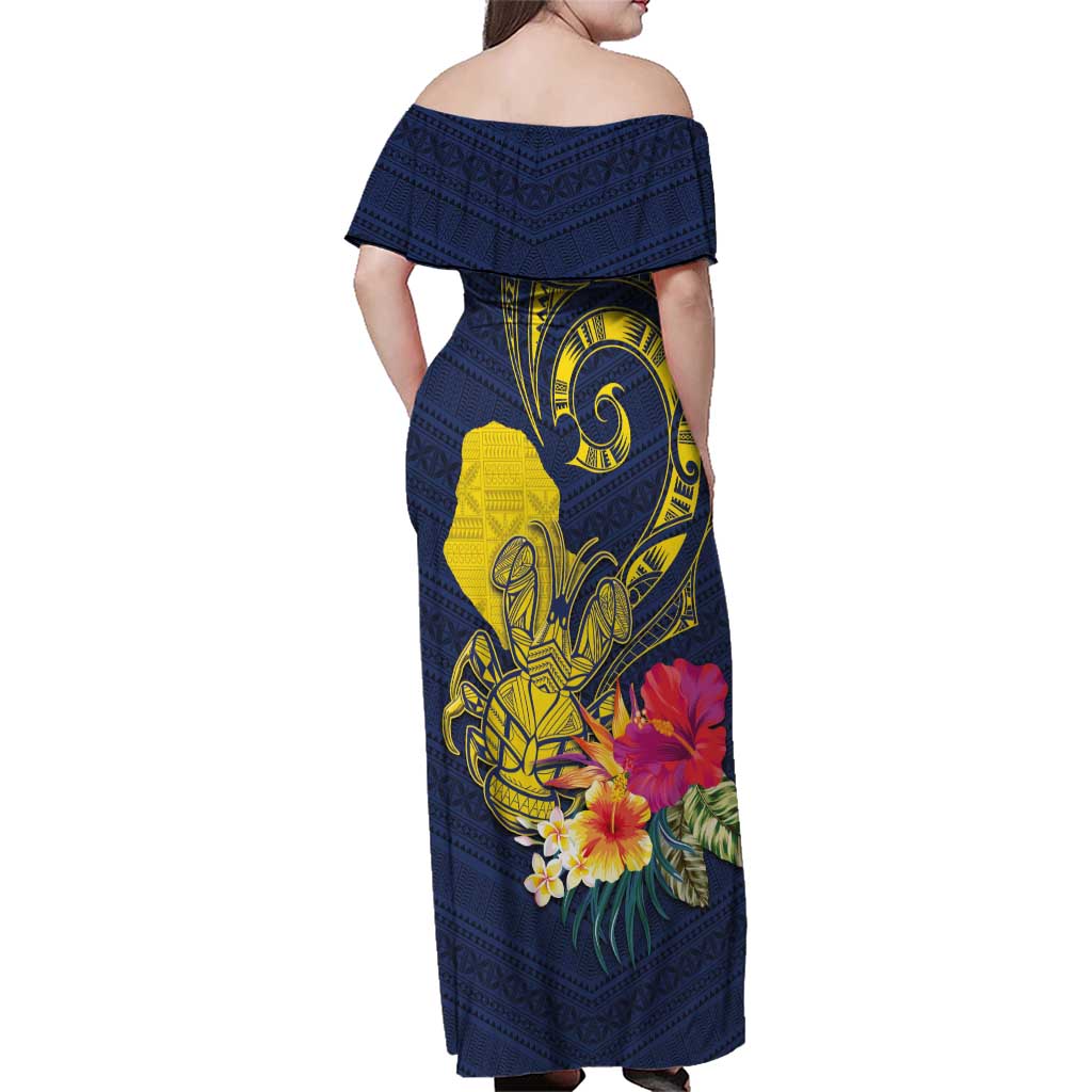 Niue Independence Day Family Matching Off Shoulder Maxi Dress and Hawaiian Shirt Hiapo Pattern Hibiscus Plumeria and Uga LT03 - Polynesian Pride