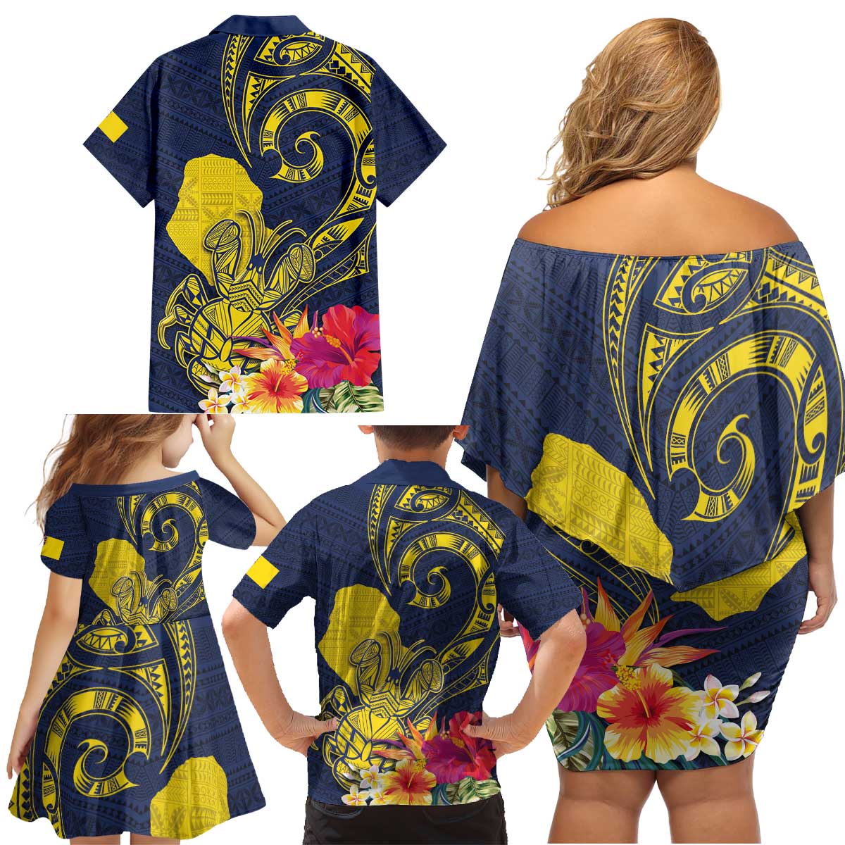 Niue Independence Day Family Matching Off Shoulder Short Dress and Hawaiian Shirt Hiapo Pattern Hibiscus Plumeria and Uga LT03 - Polynesian Pride