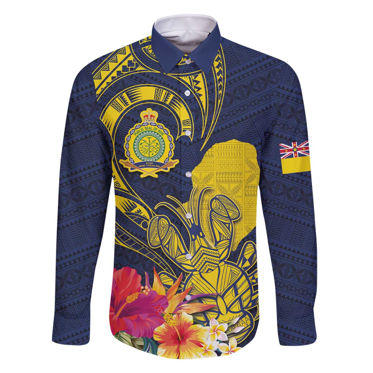 Niue Independence Day Family Matching Off Shoulder Short Dress and Hawaiian Shirt Hiapo Pattern Hibiscus Plumeria and Uga LT03 Dad's Shirt - Long Sleeve Yellow - Polynesian Pride