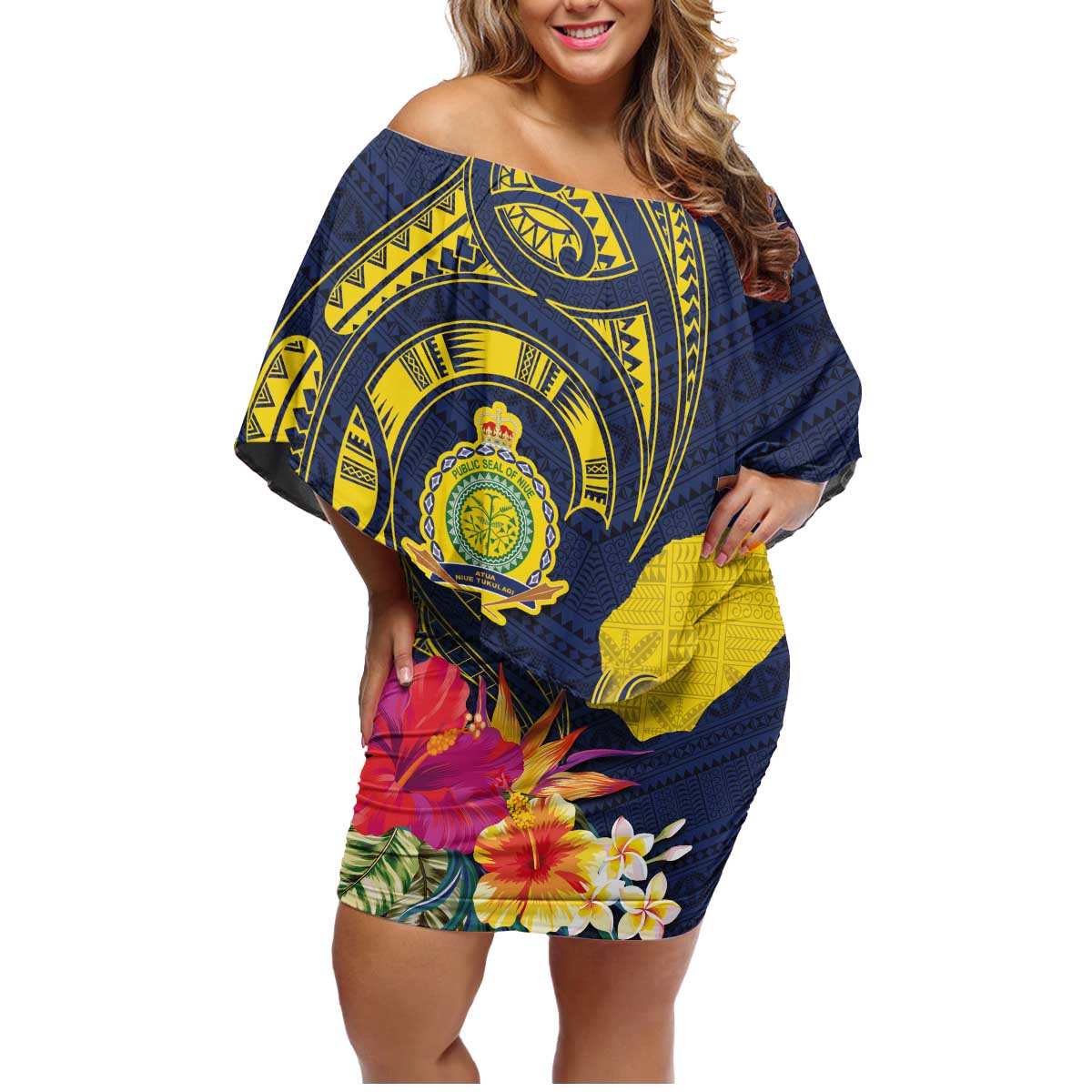 Niue Independence Day Family Matching Off Shoulder Short Dress and Hawaiian Shirt Hiapo Pattern Hibiscus Plumeria and Uga LT03 Mom's Dress Yellow - Polynesian Pride