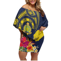 Niue Independence Day Family Matching Off Shoulder Short Dress and Hawaiian Shirt Hiapo Pattern Hibiscus Plumeria and Uga LT03 Mom's Dress Yellow - Polynesian Pride
