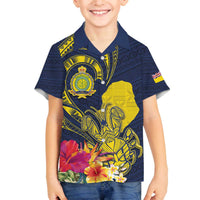 Niue Independence Day Family Matching Off Shoulder Short Dress and Hawaiian Shirt Hiapo Pattern Hibiscus Plumeria and Uga LT03 Son's Shirt Yellow - Polynesian Pride