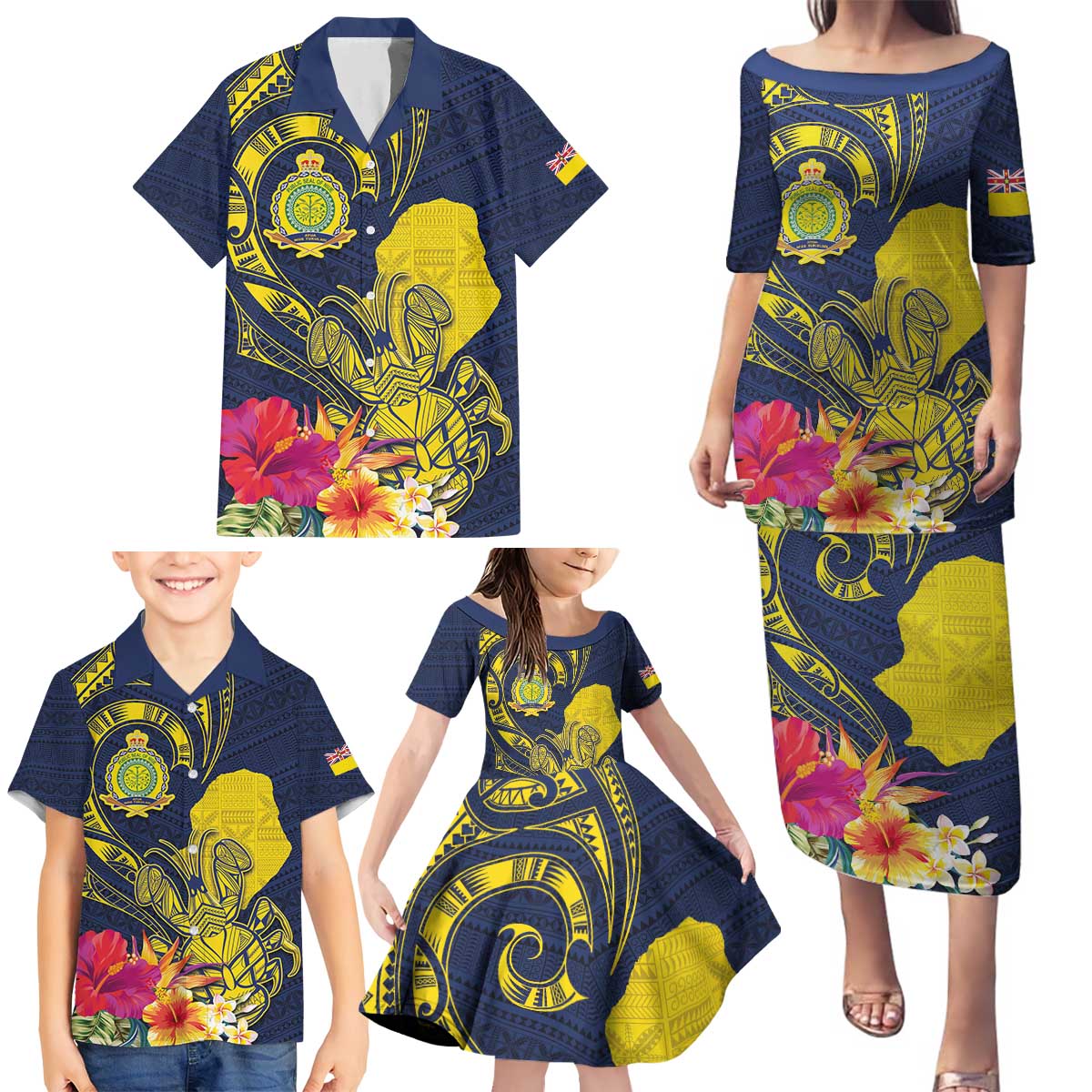 Niue Independence Day Family Matching Puletasi and Hawaiian Shirt Hiapo Pattern Hibiscus Plumeria and Uga LT03 - Polynesian Pride