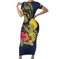 Niue Independence Day Family Matching Short Sleeve Bodycon Dress and Hawaiian Shirt Hiapo Pattern Hibiscus Plumeria and Uga LT03 Mom's Dress Yellow - Polynesian Pride