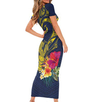 Niue Independence Day Family Matching Short Sleeve Bodycon Dress and Hawaiian Shirt Hiapo Pattern Hibiscus Plumeria and Uga LT03 - Polynesian Pride