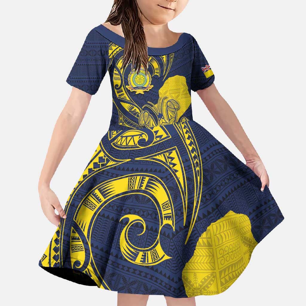 Niue Independence Day Family Matching Summer Maxi Dress and Hawaiian Shirt Hiapo Pattern Hibiscus Plumeria and Uga LT03 Daughter's Dress Yellow - Polynesian Pride