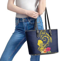Niue Independence Day Leather Tote Bag Hiapo Pattern Hibiscus Plumeria and Uga LT03 - Polynesian Pride