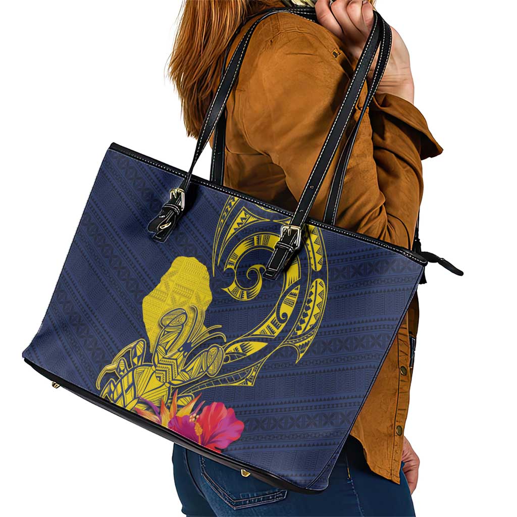 Niue Independence Day Leather Tote Bag Hiapo Pattern Hibiscus Plumeria and Uga LT03 - Polynesian Pride