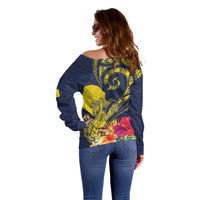 Niue Independence Day Off Shoulder Sweater Hiapo Pattern Hibiscus Plumeria and Uga