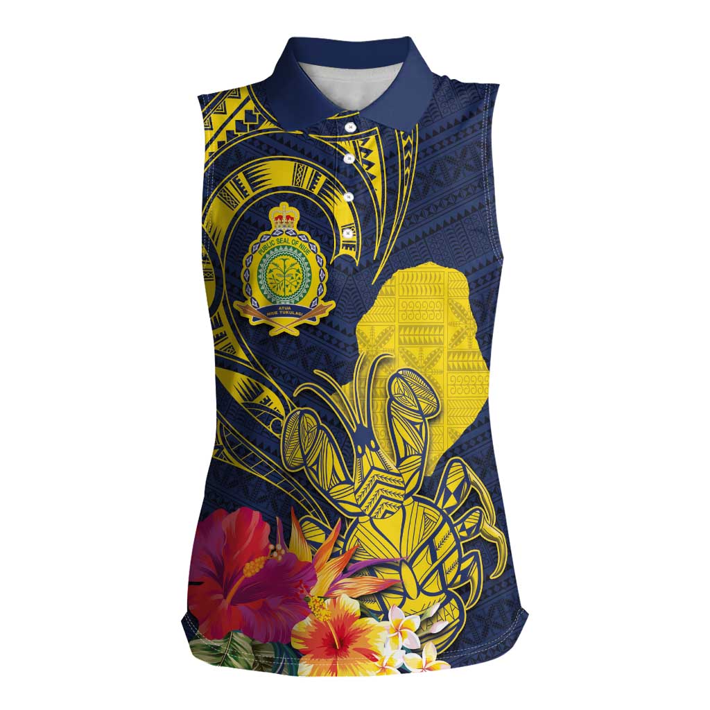 Niue Independence Day Women Sleeveless Polo Shirt Hiapo Pattern Hibiscus Plumeria and Uga LT03 Female Yellow - Polynesian Pride