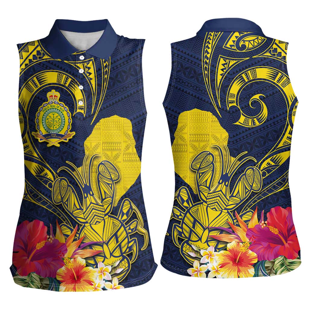 Niue Independence Day Women Sleeveless Polo Shirt Hiapo Pattern Hibiscus Plumeria and Uga LT03 - Polynesian Pride