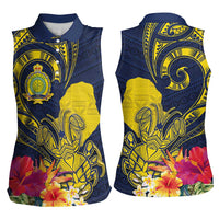 Niue Independence Day Women Sleeveless Polo Shirt Hiapo Pattern Hibiscus Plumeria and Uga LT03 - Polynesian Pride