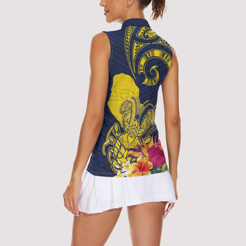 Niue Independence Day Women Sleeveless Polo Shirt Hiapo Pattern Hibiscus Plumeria and Uga LT03 - Polynesian Pride