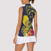 Niue Independence Day Women Sleeveless Polo Shirt Hiapo Pattern Hibiscus Plumeria and Uga LT03 - Polynesian Pride