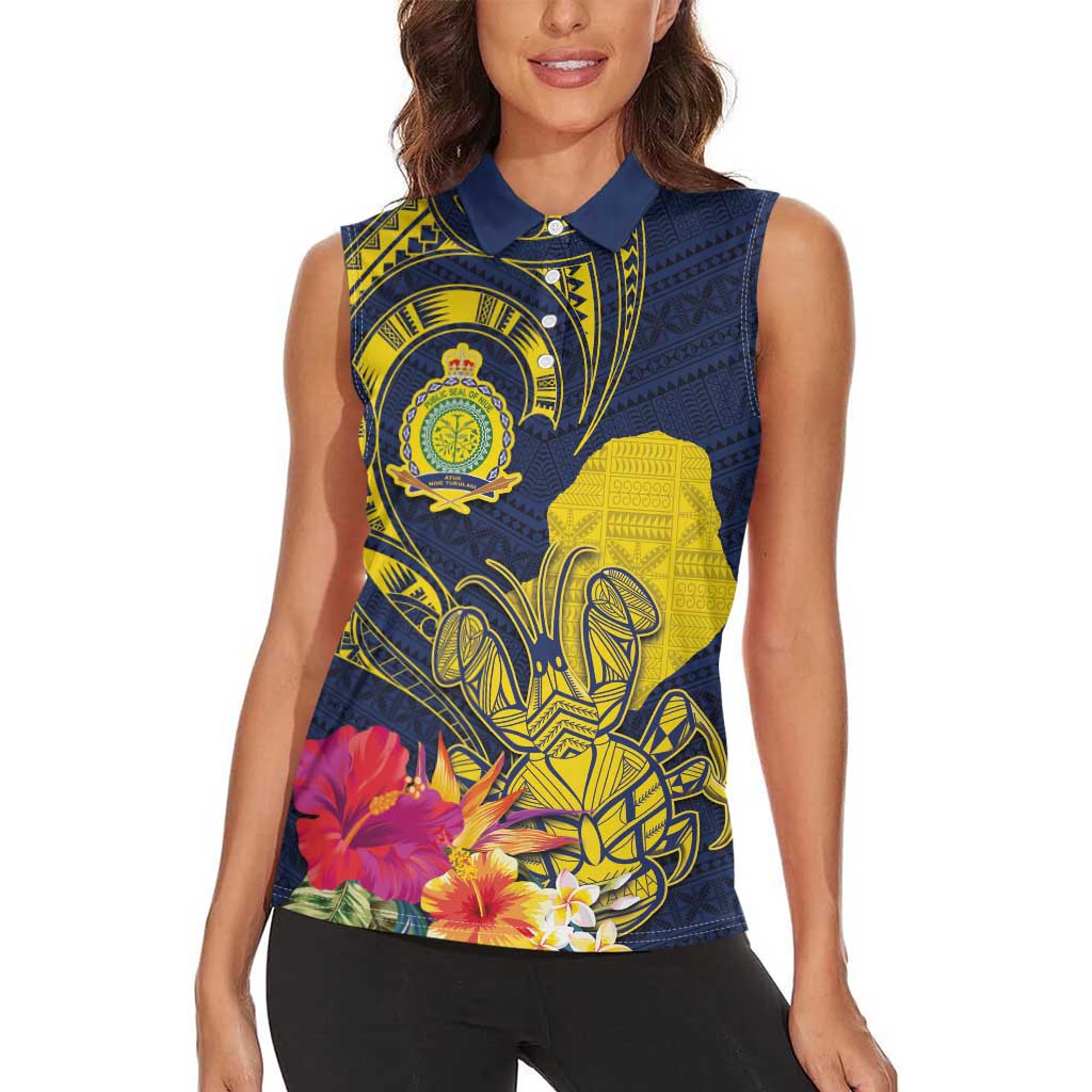 Niue Independence Day Women Sleeveless Polo Shirt Hiapo Pattern Hibiscus Plumeria and Uga LT03 - Polynesian Pride